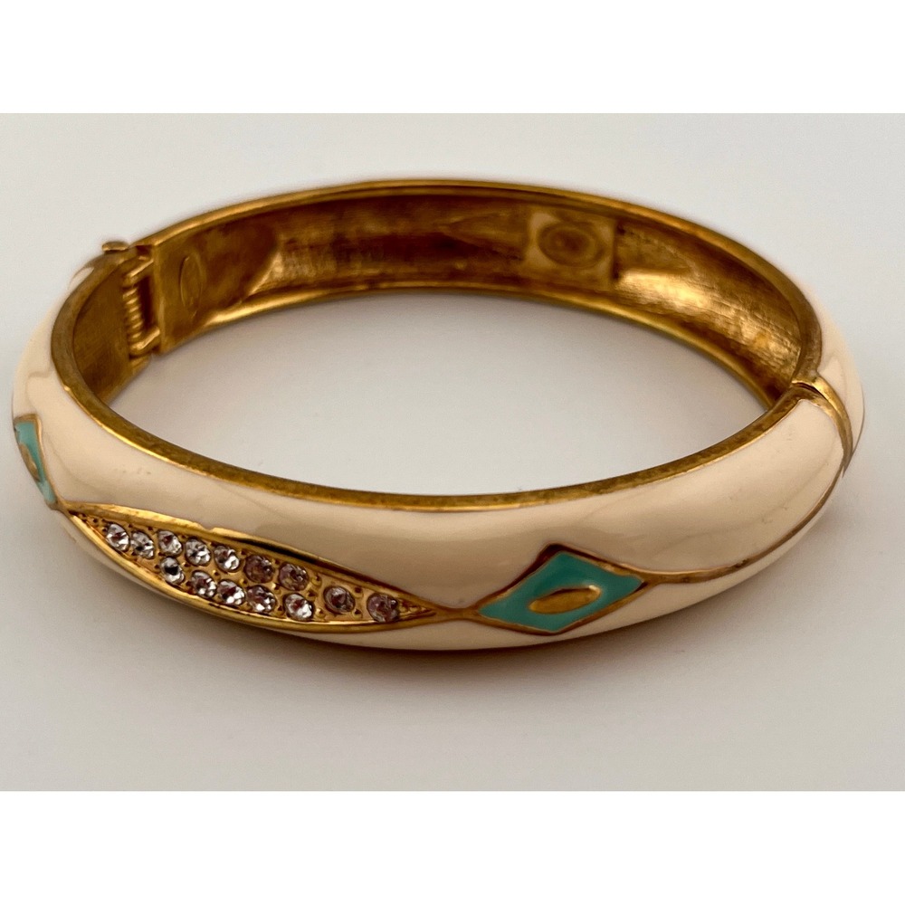 Cream Enamel Hinged Bangle Bracelet Turquoise Rhinestone Gold Tone Chunky